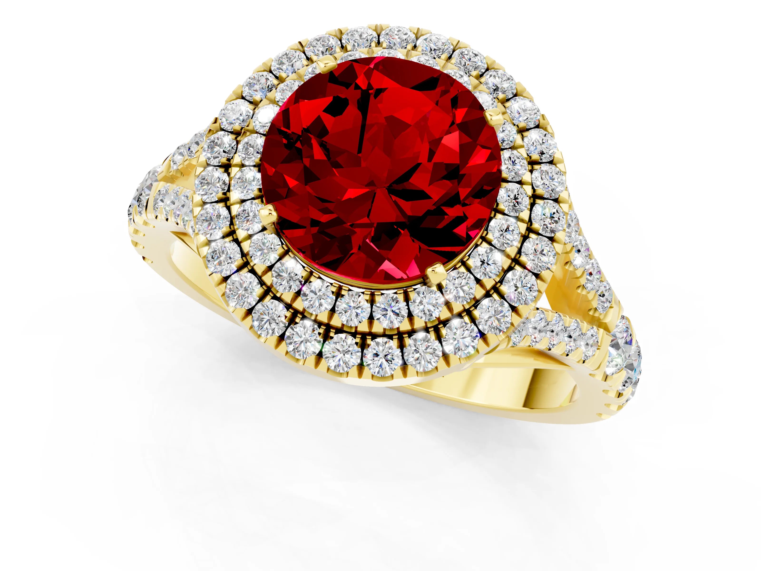 Yellow gold Double Halo Round Cut Ruby Split Shank Engagement Ring with Four-Prong Setting_1