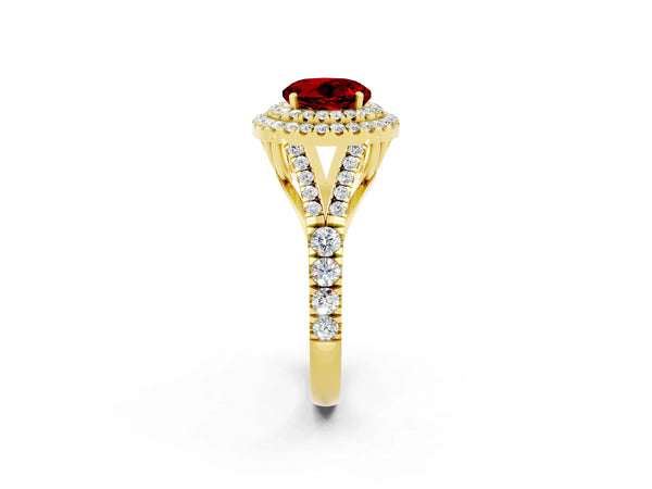 Yellow gold Double Halo Round Cut Ruby Split Shank Engagement Ring with Four-Prong Setting
