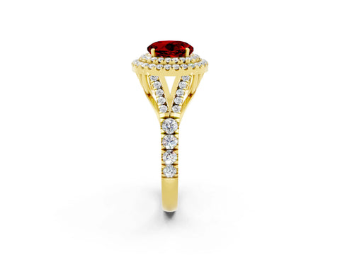Yellow gold Double Halo Round Cut Ruby Split Shank Engagement Ring with Four-Prong Setting_2