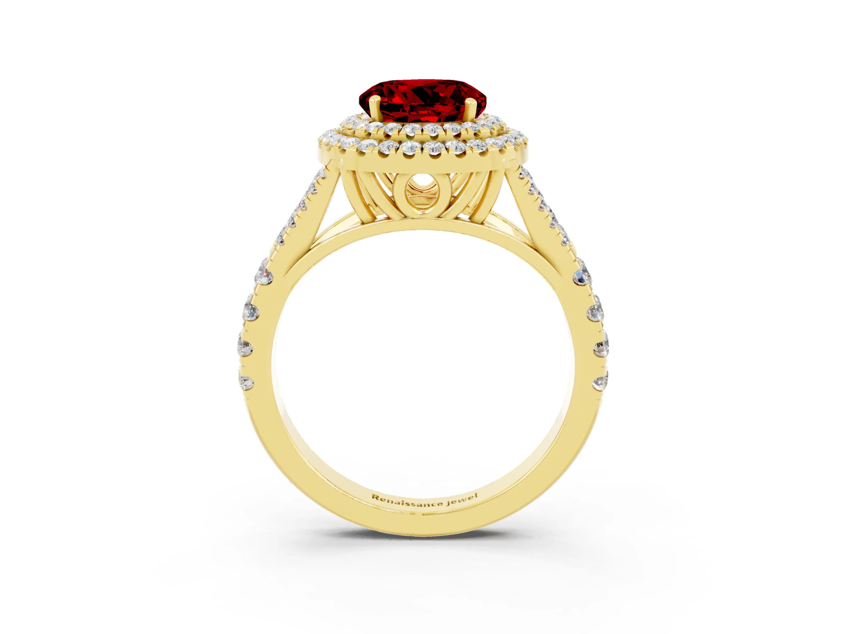Yellow gold Double Halo Round Cut Ruby Split Shank Engagement Ring with Four-Prong Setting_3