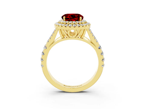 Yellow gold Double Halo Round Cut Ruby Split Shank Engagement Ring with Four-Prong Setting_3