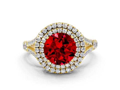 Yellow gold Double Halo Round Cut Ruby Split Shank Engagement Ring with Four-Prong Setting