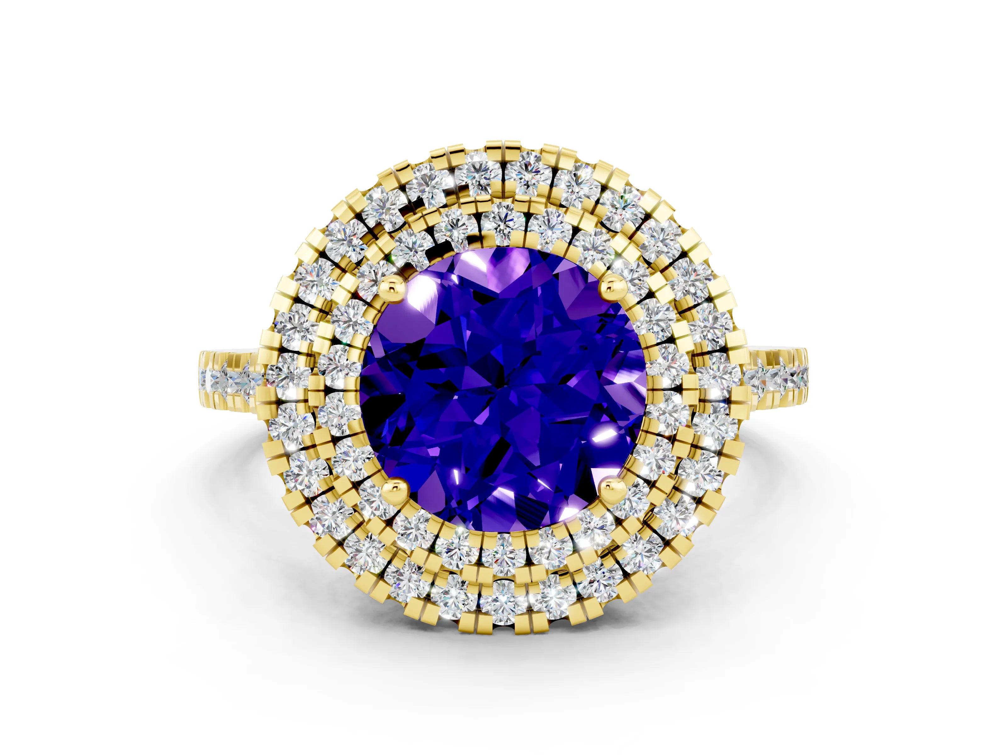 Yellow gold Double Halo Round Cut Tanzanite Pavé Band with Four-Prong Setting
