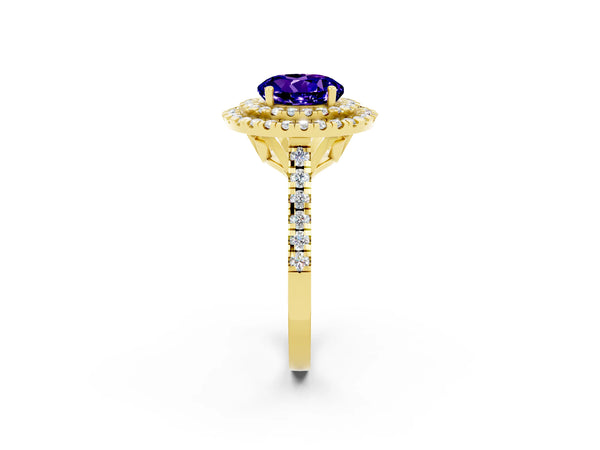 Yellow gold Double Halo Round Cut Tanzanite Pavé Band with Four-Prong Setting