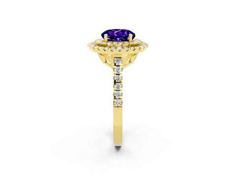 Yellow gold Double Halo Round Cut Tanzanite Pavé Band with Four-Prong Setting_2