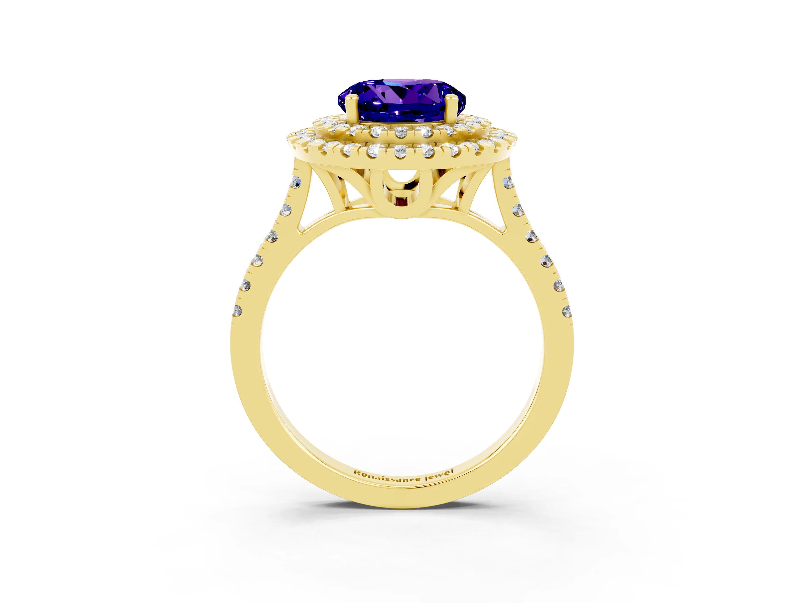 Yellow gold Double Halo Round Cut Tanzanite Pavé Band with Four-Prong Setting_3