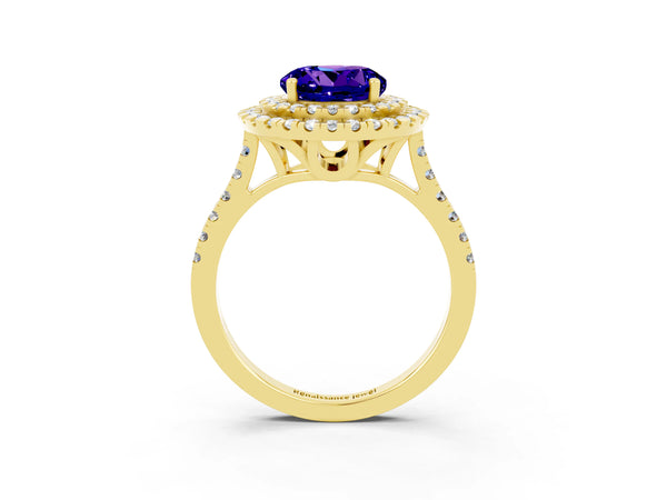 Yellow gold Double Halo Round Cut Tanzanite Pavé Band with Four-Prong Setting