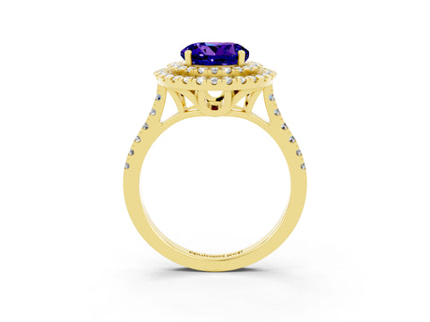 Yellow gold Double Halo Round Cut Tanzanite Pavé Band with Four-Prong Setting_3