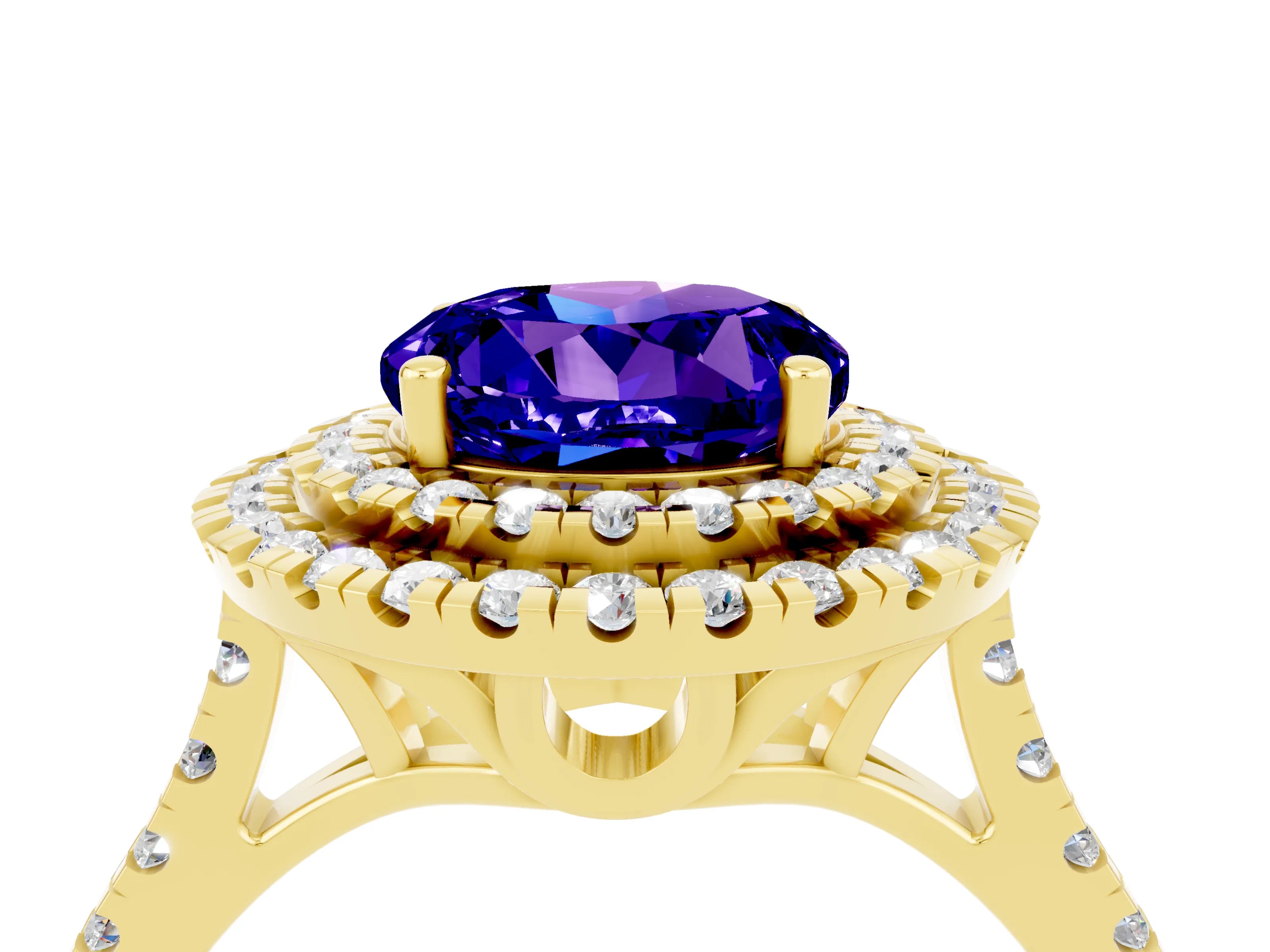 Yellow gold Double Halo Round Cut Tanzanite Pavé Band with Four-Prong Setting_4