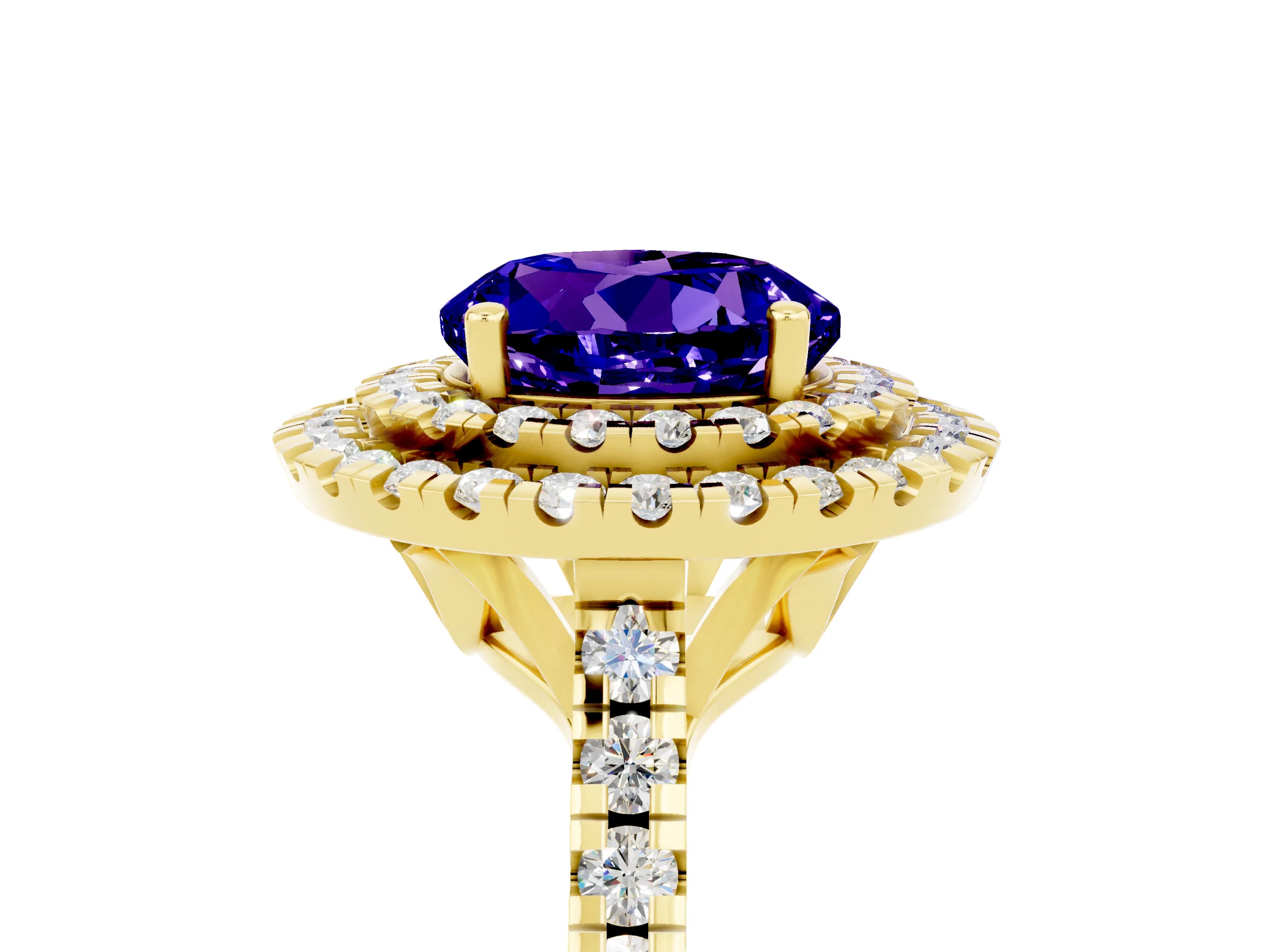 Yellow gold Double Halo Round Cut Tanzanite Pavé Band with Four-Prong Setting_5
