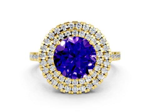 Yellow gold Double Halo Round Cut Tanzanite Pavé Band with Four-Prong Setting