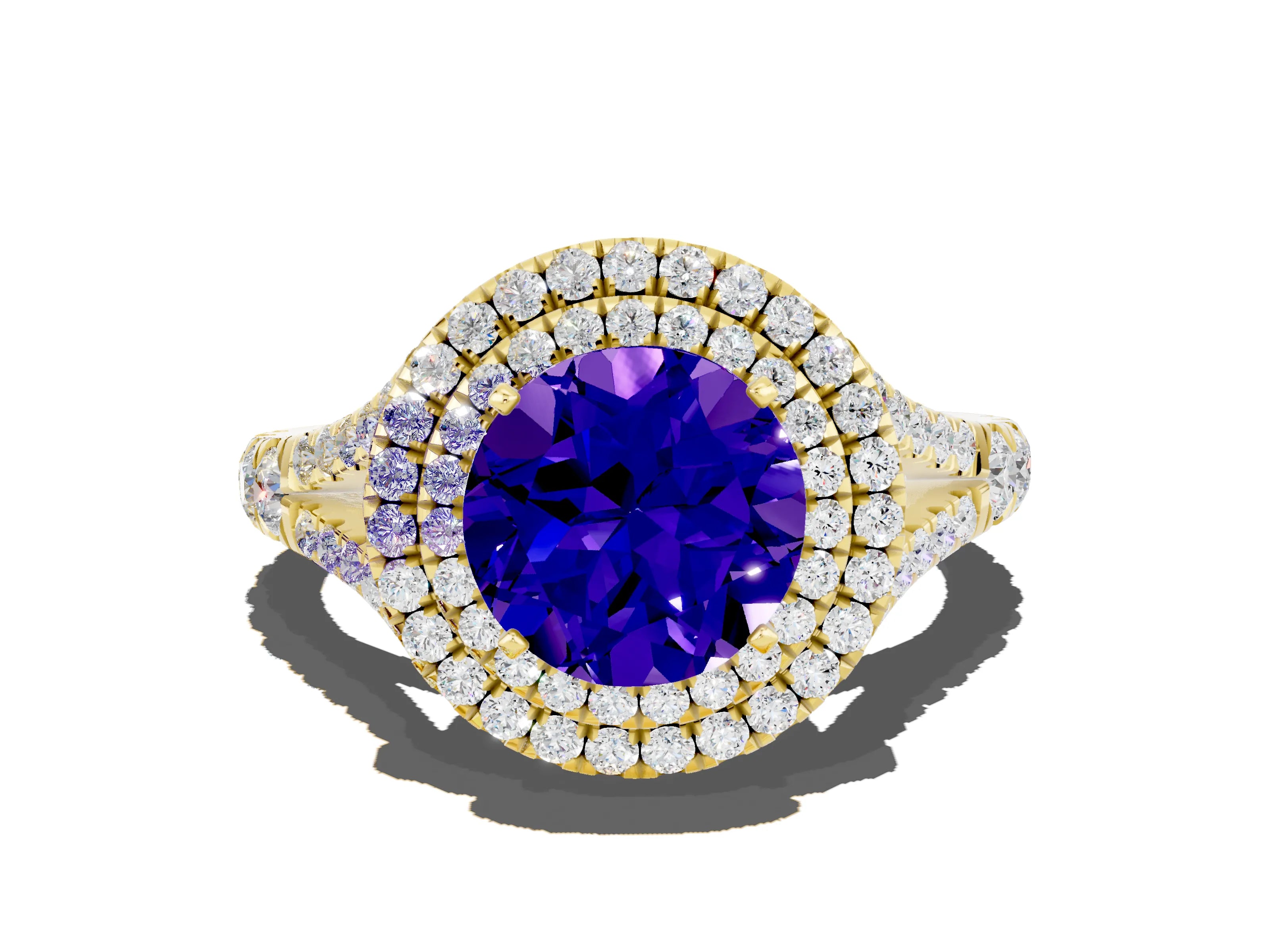 Yellow gold Double Halo Round Cut Tanzanite Pavé Split Shank Ring with Prong Setting