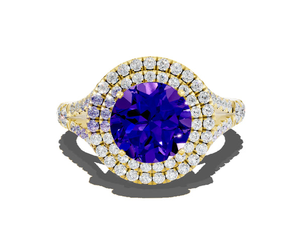 Yellow gold Double Halo Round Cut Tanzanite Pavé Split Shank Ring with Prong Setting