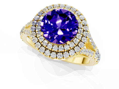Yellow gold Double Halo Round Cut Tanzanite Pavé Split Shank Ring with Prong Setting_1