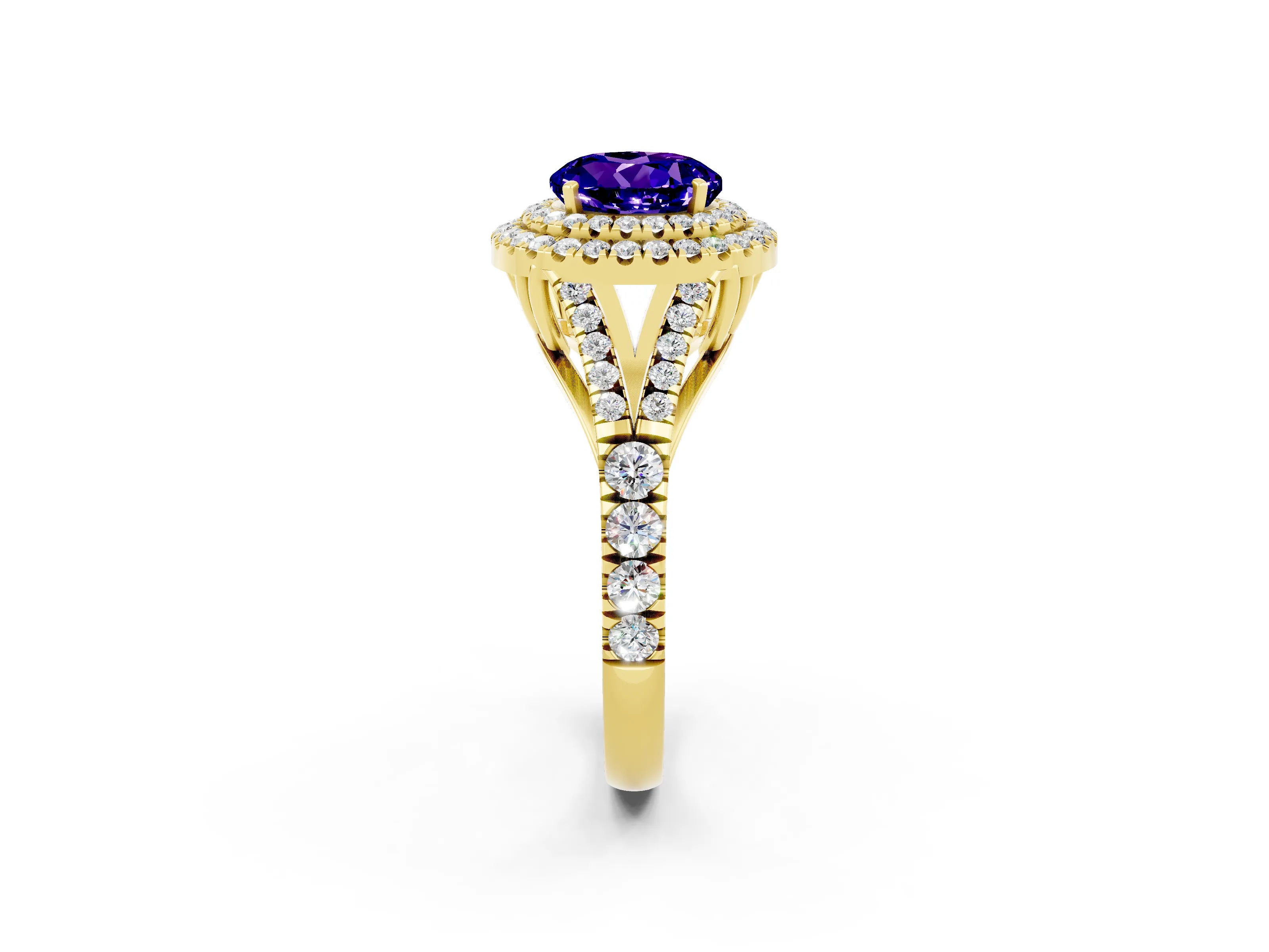 Yellow gold Double Halo Round Cut Tanzanite Pavé Split Shank Ring with Prong Setting_2