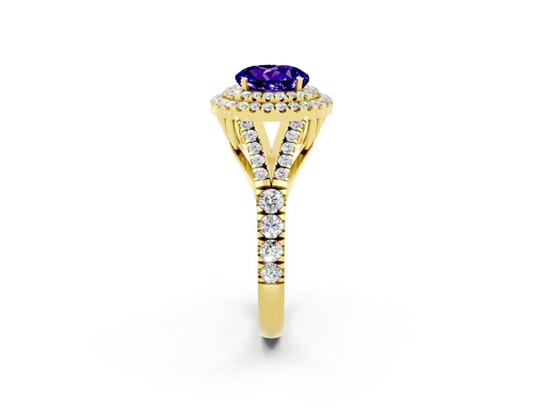 Yellow gold Double Halo Round Cut Tanzanite Pavé Split Shank Ring with Prong Setting