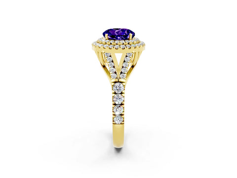 Yellow gold Double Halo Round Cut Tanzanite Pavé Split Shank Ring with Prong Setting_2