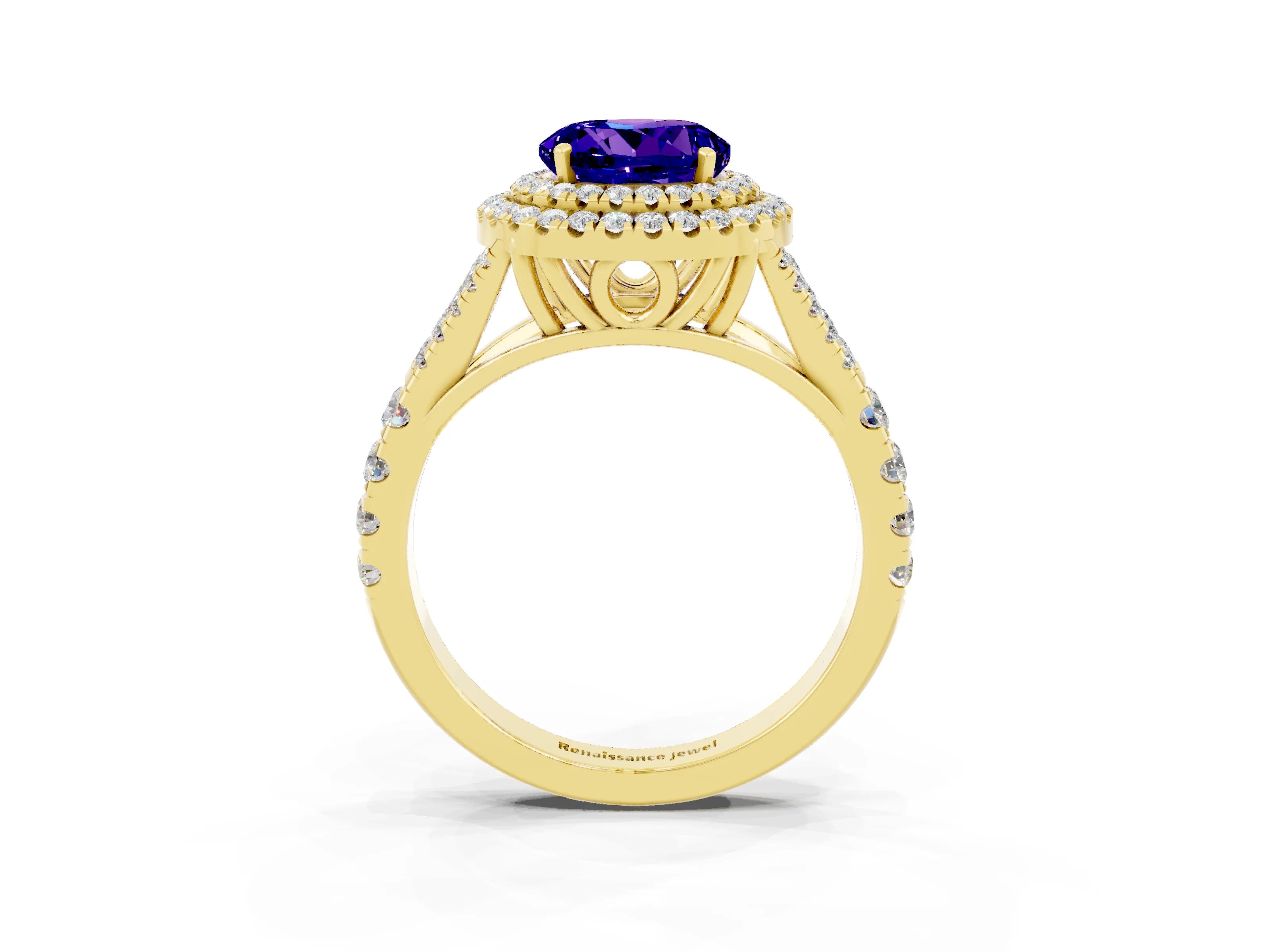 Yellow gold Double Halo Round Cut Tanzanite Pavé Split Shank Ring with Prong Setting_3