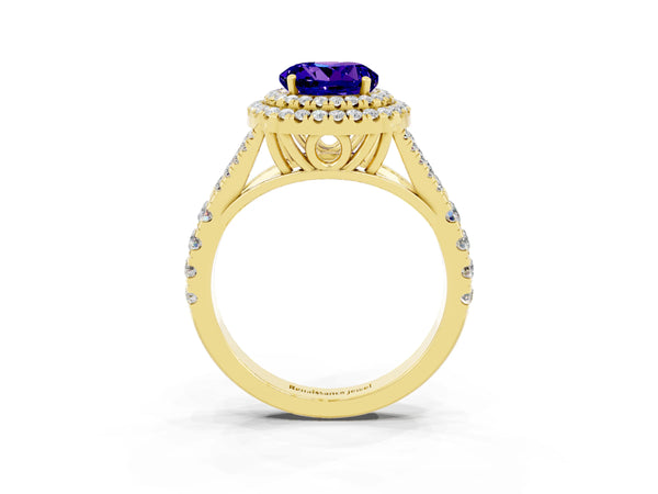 Yellow gold Double Halo Round Cut Tanzanite Pavé Split Shank Ring with Prong Setting