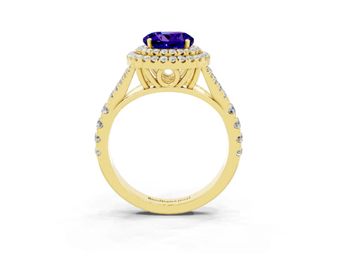 Yellow gold Double Halo Round Cut Tanzanite Pavé Split Shank Ring with Prong Setting_3