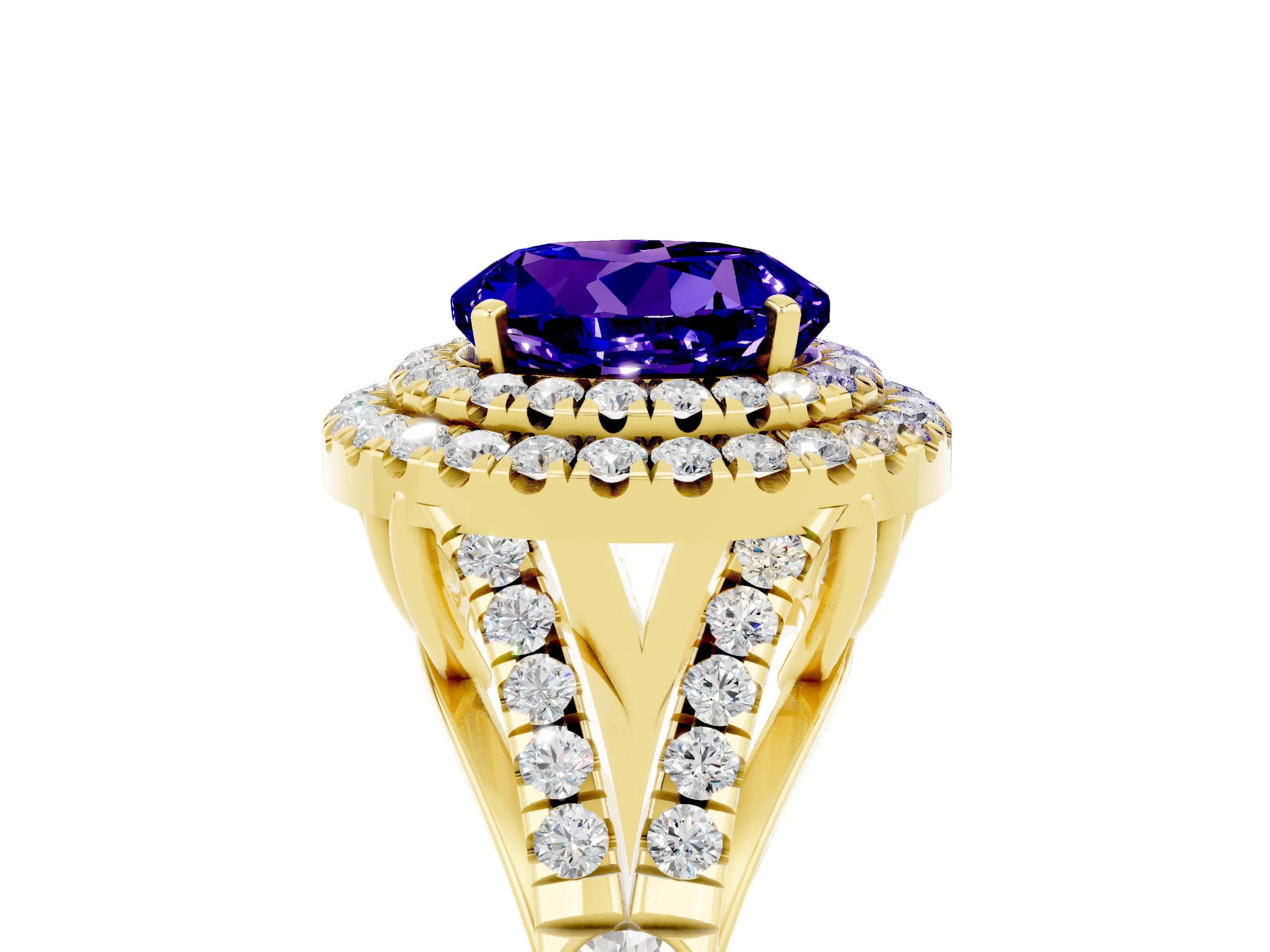 Yellow gold Double Halo Round Cut Tanzanite Pavé Split Shank Ring with Prong Setting_5