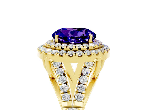 Yellow gold Double Halo Round Cut Tanzanite Pavé Split Shank Ring with Prong Setting_5