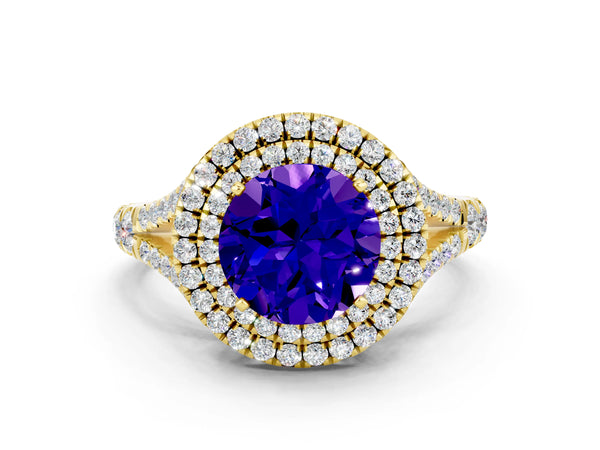 Yellow gold Double Halo Round Cut Tanzanite Split Shank Engagement Ring with Four-Prong Setting