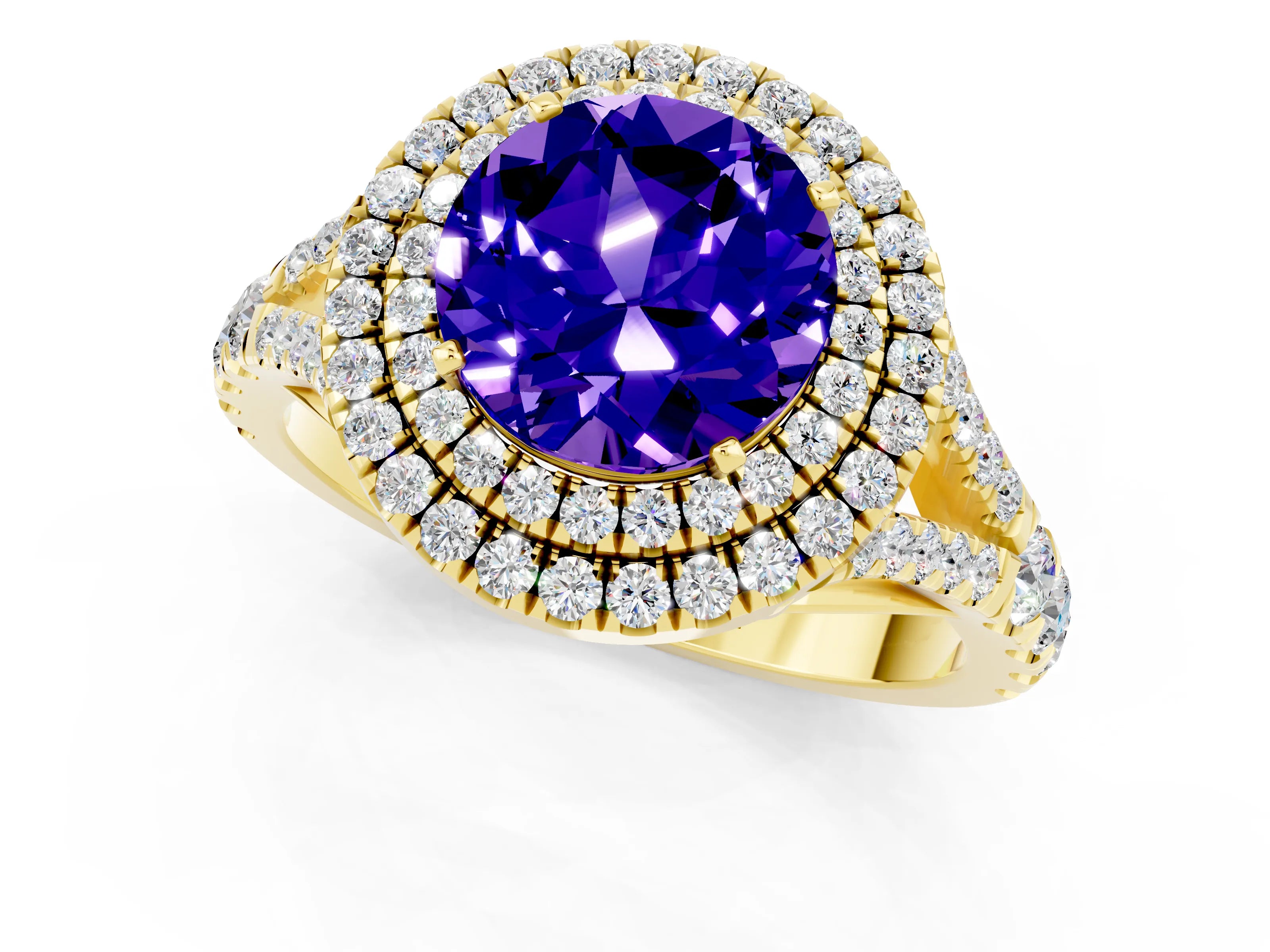 Yellow gold Double Halo Round Cut Tanzanite Split Shank Engagement Ring with Four-Prong Setting_1