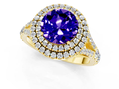 Yellow gold Double Halo Round Cut Tanzanite Split Shank Engagement Ring with Four-Prong Setting_1