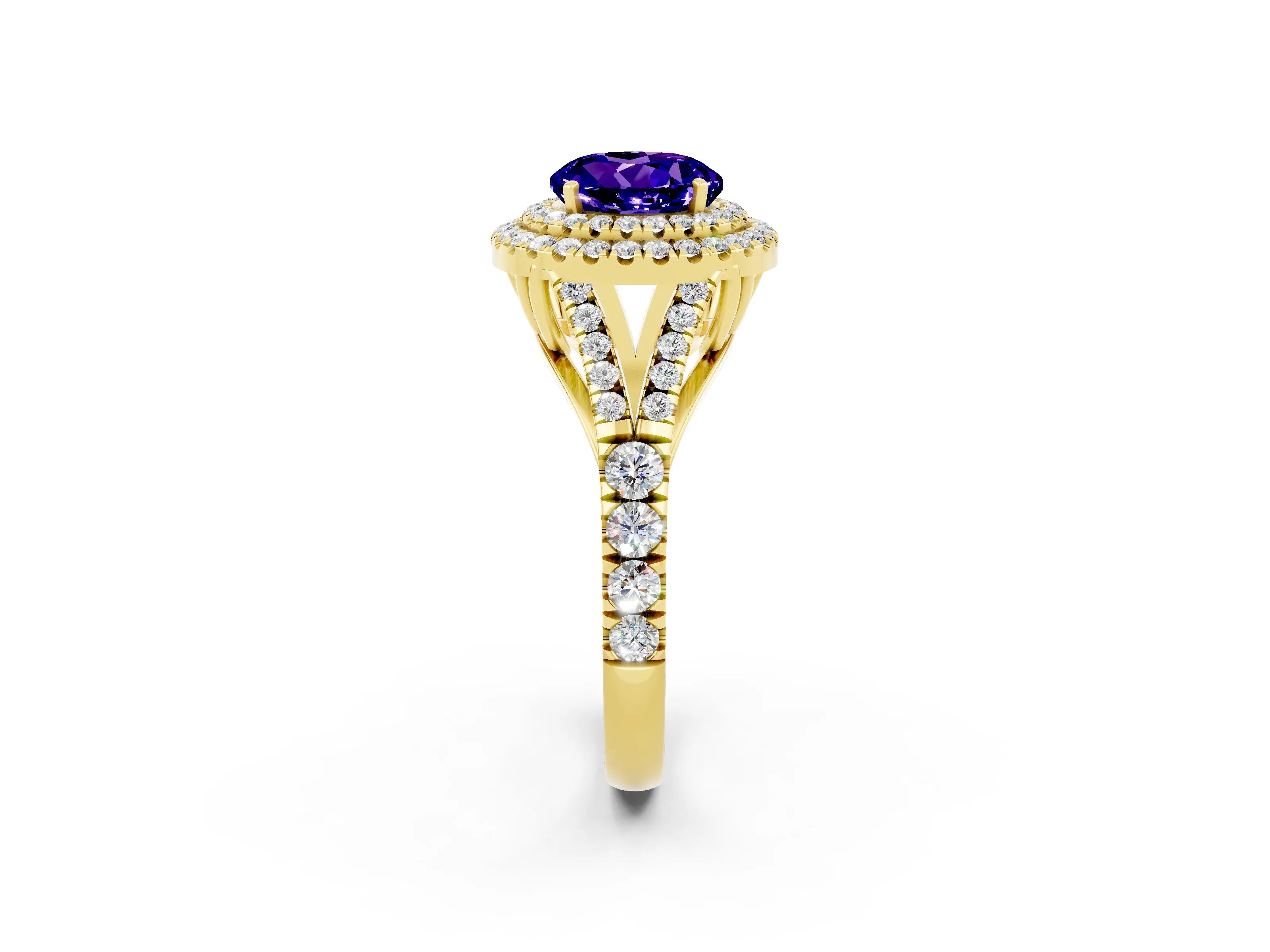Yellow gold Double Halo Round Cut Tanzanite Split Shank Engagement Ring with Four-Prong Setting_2