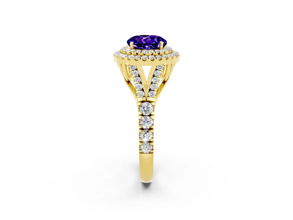 Yellow gold Double Halo Round Cut Tanzanite Split Shank Engagement Ring with Four-Prong Setting