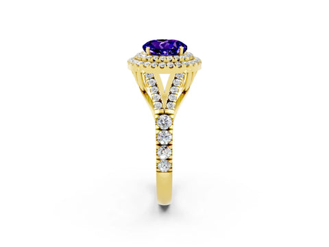 Yellow gold Double Halo Round Cut Tanzanite Split Shank Engagement Ring with Four-Prong Setting_2