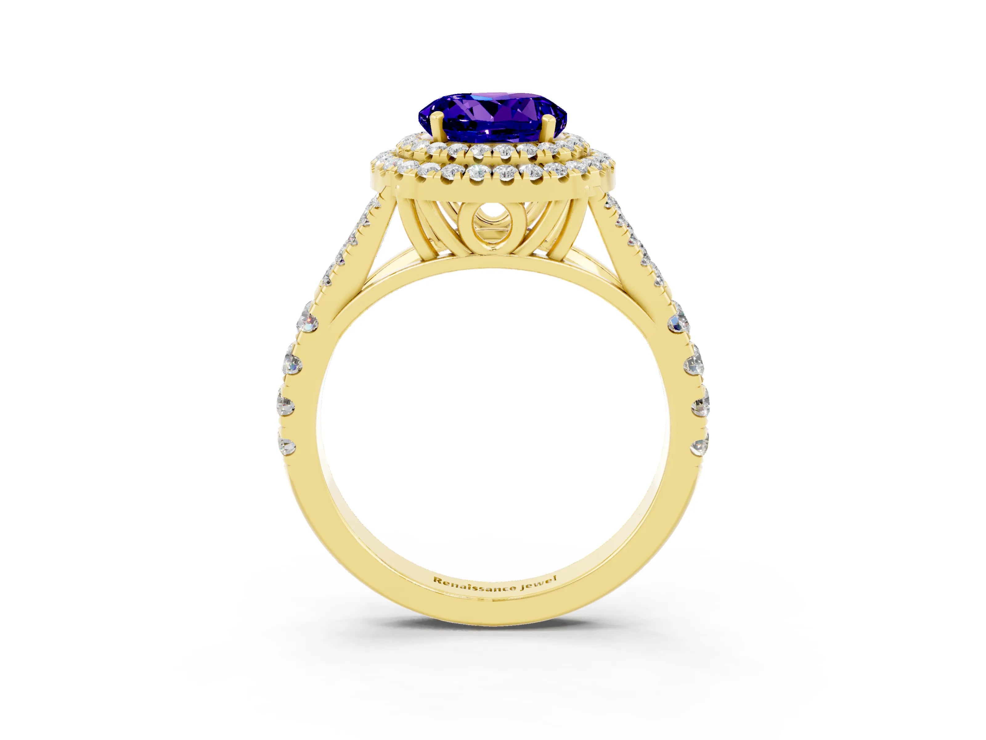 Yellow gold Double Halo Round Cut Tanzanite Split Shank Engagement Ring with Four-Prong Setting_3