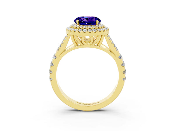 Yellow gold Double Halo Round Cut Tanzanite Split Shank Engagement Ring with Four-Prong Setting
