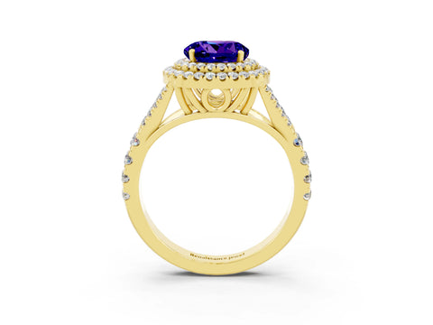 Yellow gold Double Halo Round Cut Tanzanite Split Shank Engagement Ring with Four-Prong Setting_3