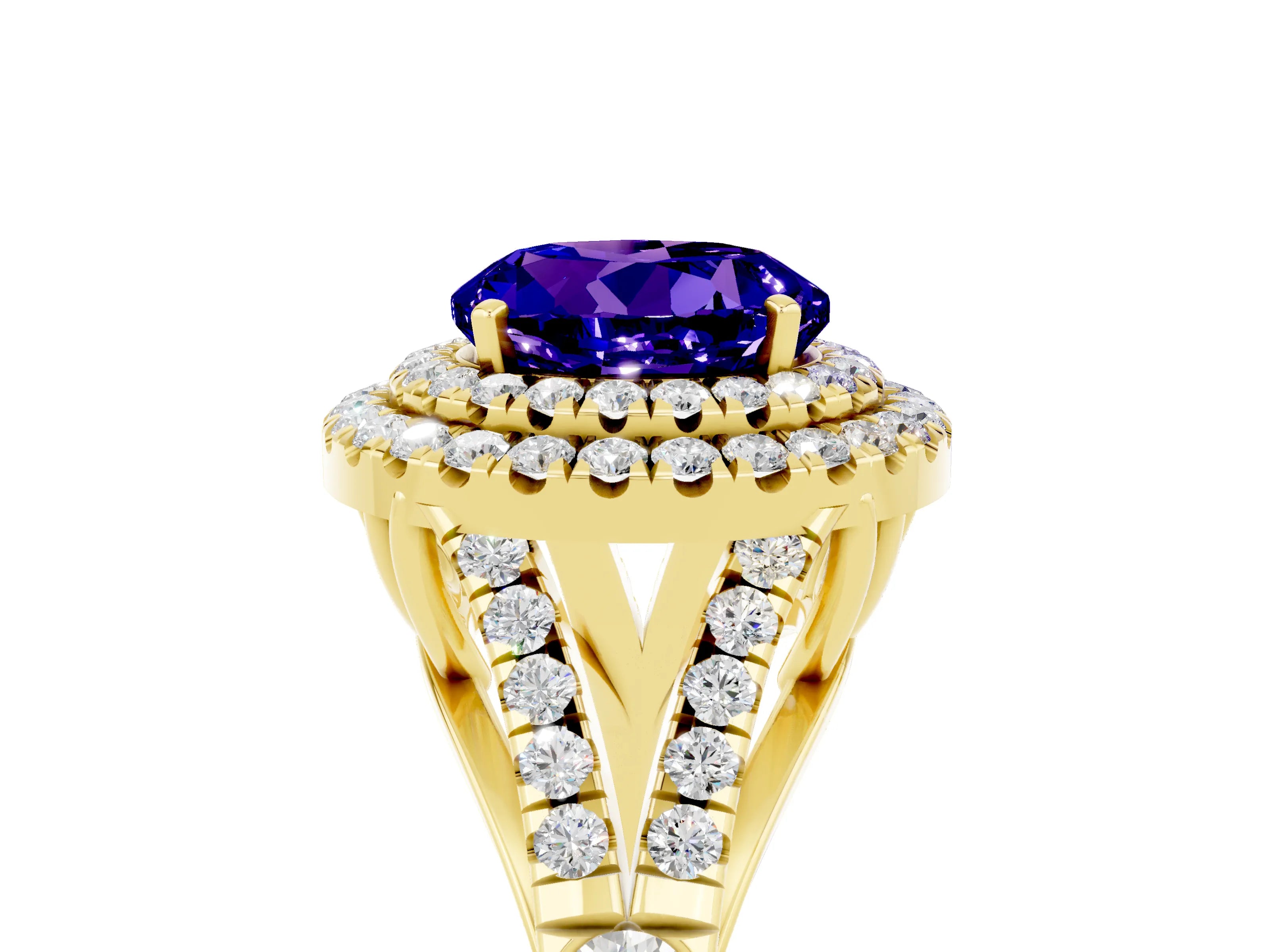 Yellow gold Double Halo Round Cut Tanzanite Split Shank Engagement Ring with Four-Prong Setting_5