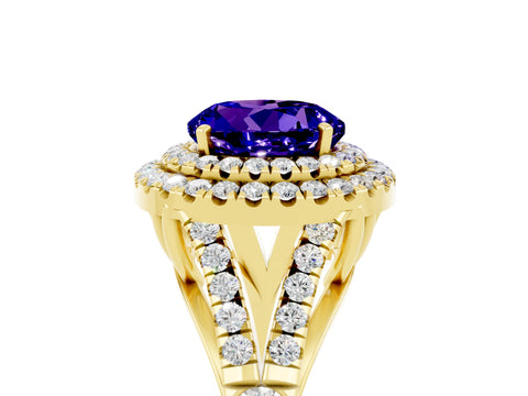 Yellow gold Double Halo Round Cut Tanzanite Split Shank Engagement Ring with Four-Prong Setting_5