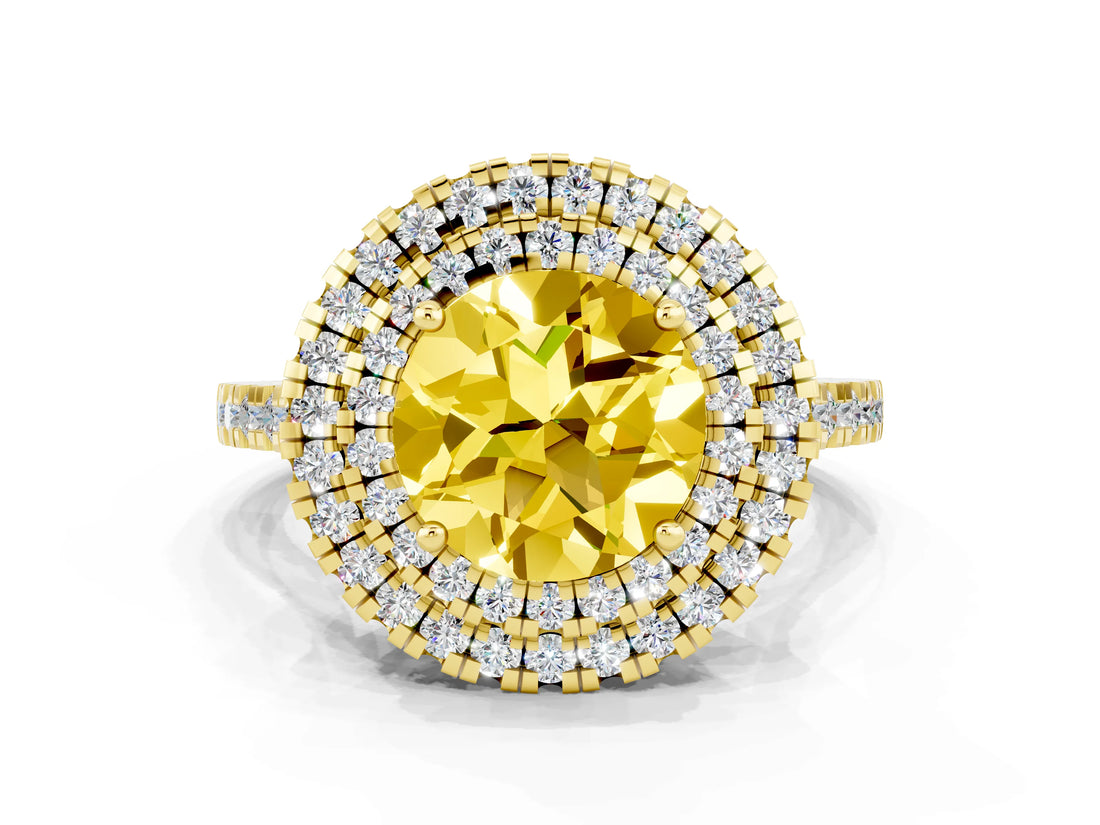 Yellow gold Double Halo Round Cut Yellow Sapphire Pavé Band with Four-Prong Setting_24