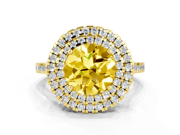 Yellow gold Double Halo Round Cut Yellow Sapphire Pavé Band with Four-Prong Setting
