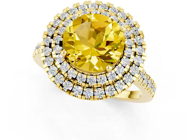 Yellow gold Double Halo Round Cut Yellow Sapphire Pavé Band with Four-Prong Setting