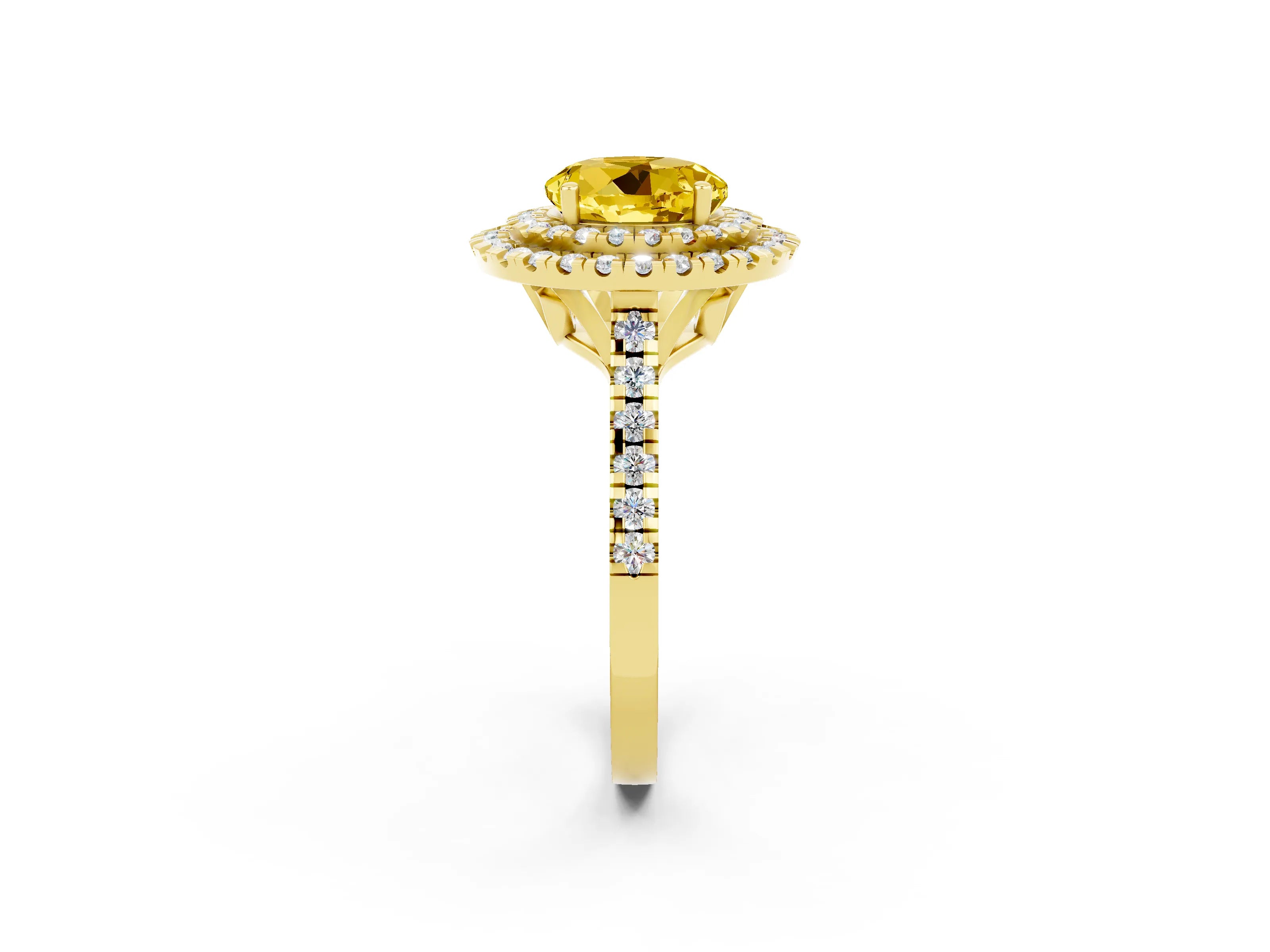 Yellow gold Double Halo Round Cut Yellow Sapphire Pavé Band with Four-Prong Setting_26