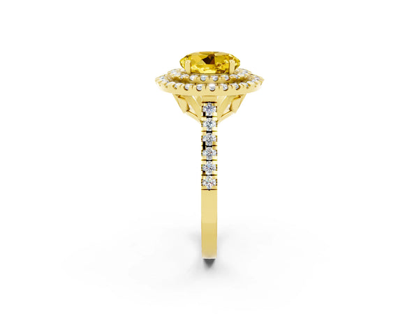 Yellow gold Double Halo Round Cut Yellow Sapphire Pavé Band with Four-Prong Setting