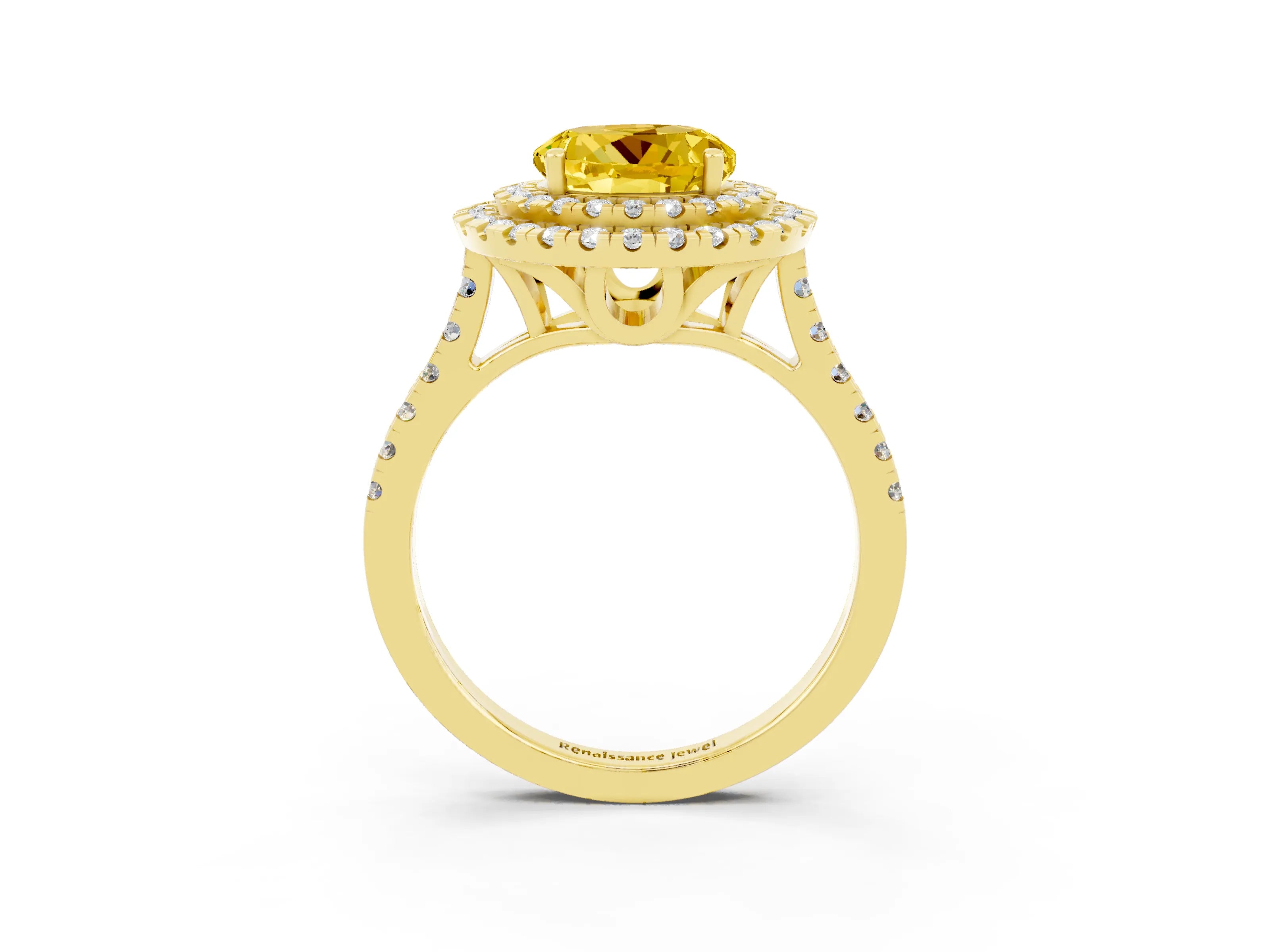 Yellow gold Double Halo Round Cut Yellow Sapphire Pavé Band with Four-Prong Setting_27