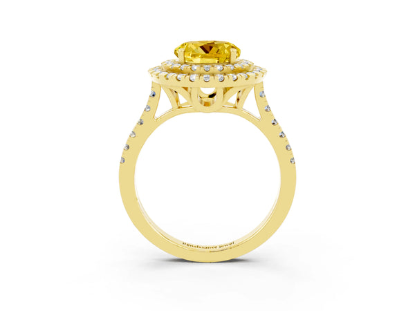 Yellow gold Double Halo Round Cut Yellow Sapphire Pavé Band with Four-Prong Setting