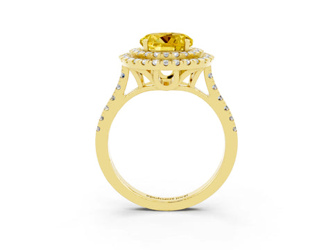 Yellow gold Double Halo Round Cut Yellow Sapphire Pavé Band with Four-Prong Setting_27