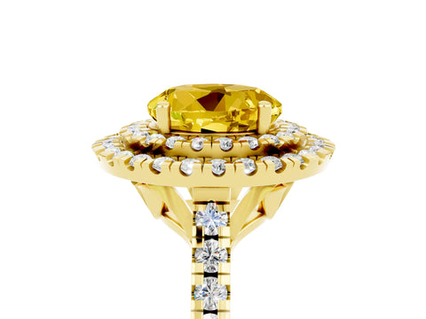 Yellow gold Double Halo Round Cut Yellow Sapphire Pavé Band with Four-Prong Setting_29