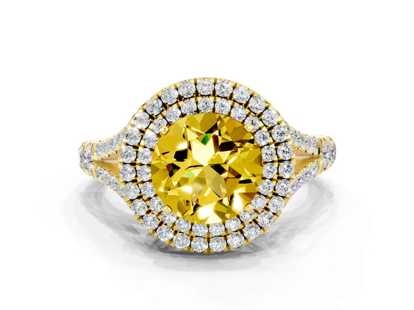 Yellow gold Double Halo Round Cut Yellow Sapphire Pavé Split Shank Ring with Prong Setting