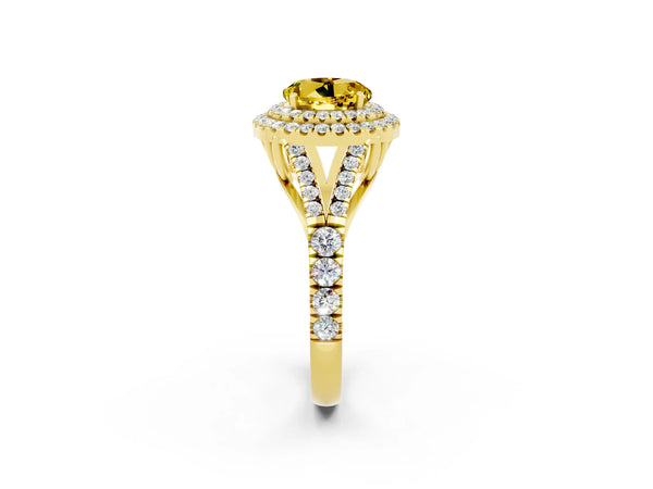 Yellow gold Double Halo Round Cut Yellow Sapphire Pavé Split Shank Ring with Prong Setting
