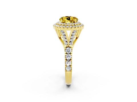 Yellow gold Double Halo Round Cut Yellow Sapphire Pavé Split Shank Ring with Prong Setting_2