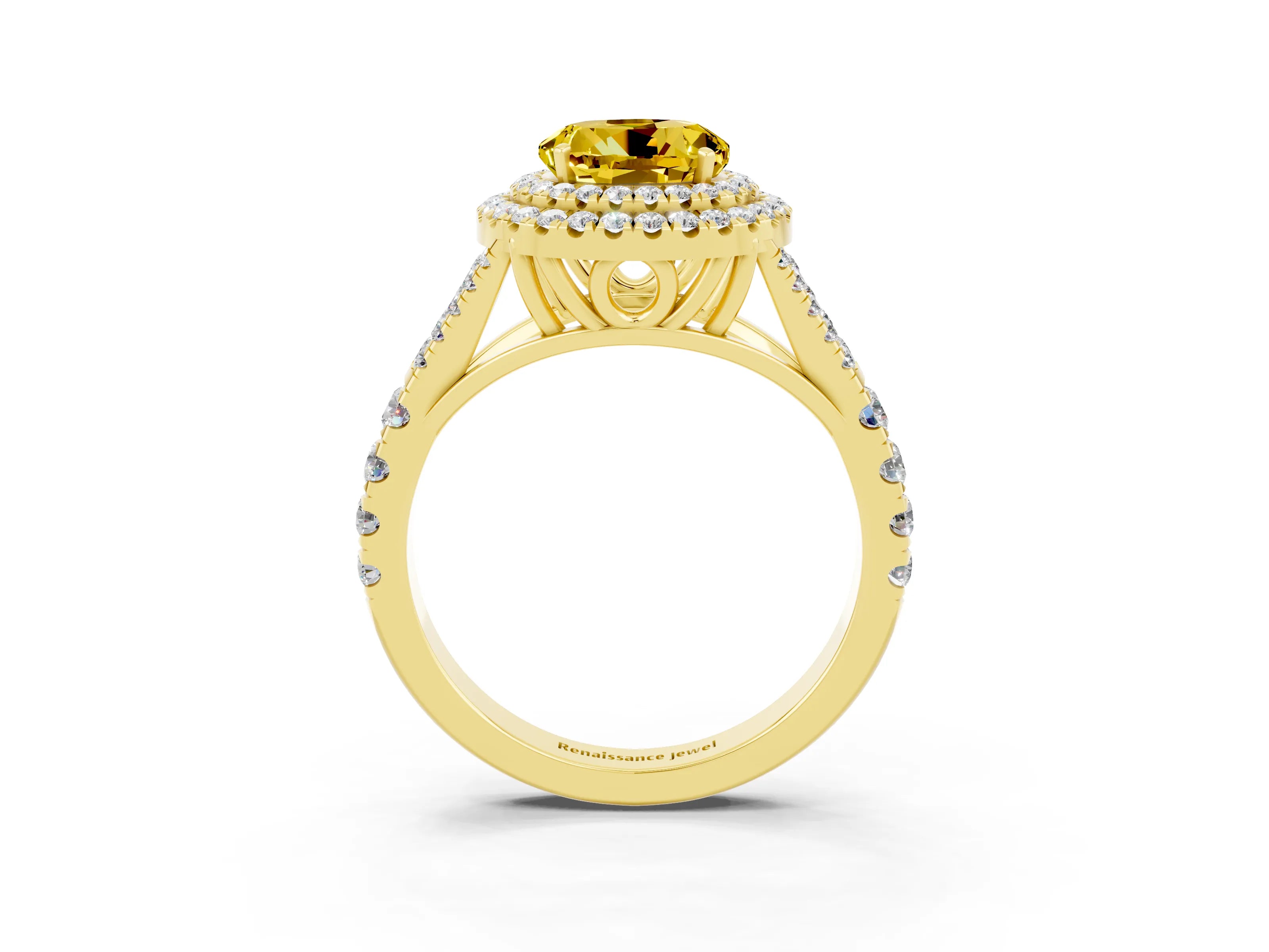 Yellow gold Double Halo Round Cut Yellow Sapphire Pavé Split Shank Ring with Prong Setting_3